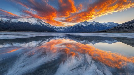 A stunning sunset over snow-capped mountains reflected in a frozen lake.