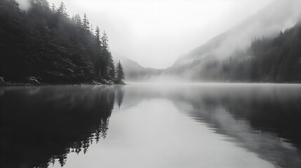 Fototapeta premium Misty Lakeside Landscape in Serene Wilderness