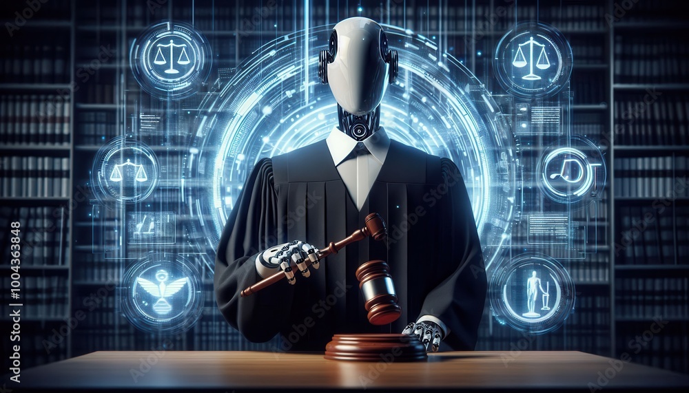 Poster a robot judge in a courtroom bangs a gavel, surrounded by holographic icons representing legal conce