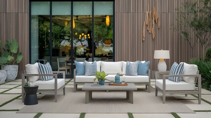 Stylish enterior design background. Outdoor furniture and decor on a modern patio
