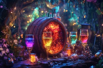 A magical scene with colorful potions in glasses. The vibrant glow enchants the forest backdrop. Perfect for fantasy works or creative projects. Generative AI