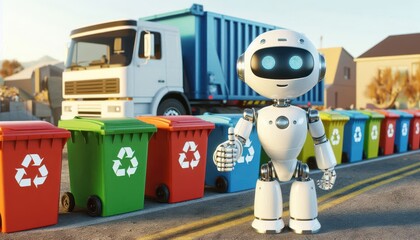 Fototapeta premium A friendly robot stands beside colorful recycling bins and a garbage truck, giving a thumbs-up...Concept: AI in waste management, promoting recycling, robotic environmental solutions.