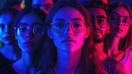 Obraz premium A diverse group of young individuals stand confidently in a neon-lit setting, reflecting modern style and dynamic energy with their expressive faces and trendy eyewear.