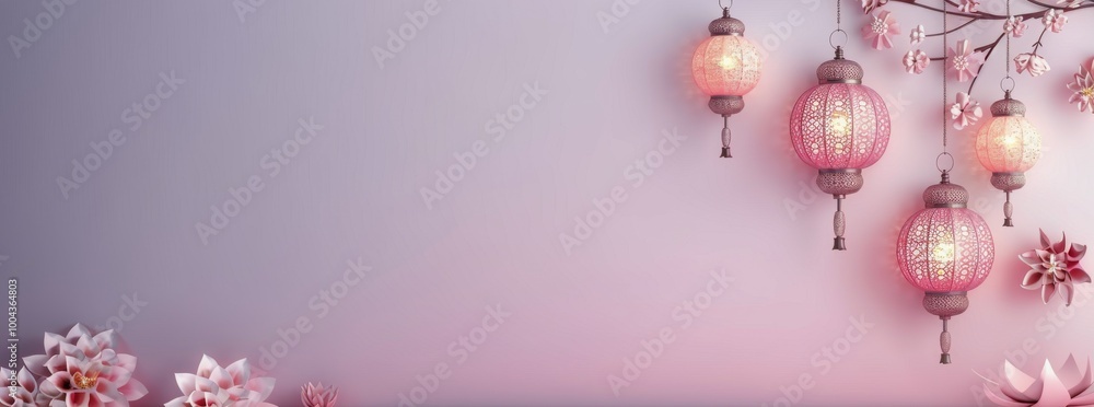 Poster Pink Lanterns Hanging With Floral Decorations in a Serene Setting at Dusk