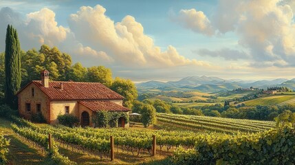 vibrant european vineyard landscape with rolling hills and a rustic farmhouse accompanied by bold typography celebrating local wine culture