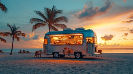 Sunset beach scene with a camper van glowing warmly under the palm trees