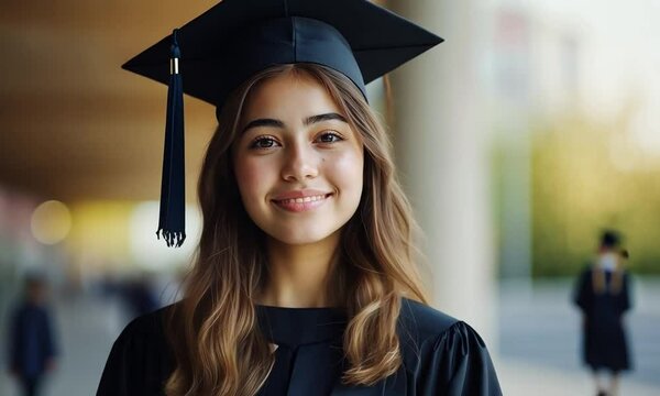 Strahlende junge Frau mit Graduiertenhut am Tag der Abschlusszeremonie