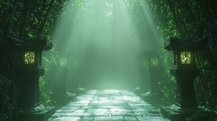 Obraz premium Eerie Ancient Chinese Bamboo Forest with Ghostly Apparitions and Lanterns at Night