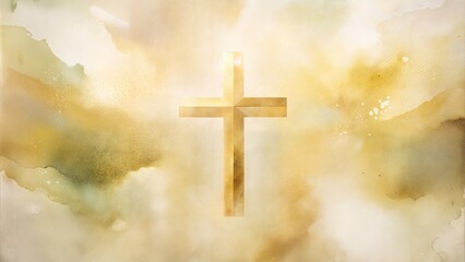 Beautiful wooden cross illuminated by soft golden watercolor background with heavenly clouds