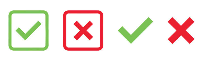 check mark icon button set. check box icon with right and wrong buttons and yes or no checkmark icons in green tick box and red cross