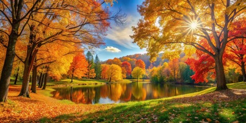 Sunlit autumn landscape with colorful fall trees and leaves in a tranquil setting