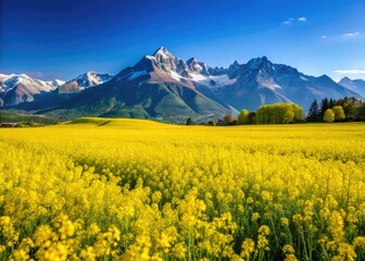 Fototapeta premium Vibrant Blooming Rapeseed Fields with Majestic Mountains Under a Clear Blue Sky in Springtime