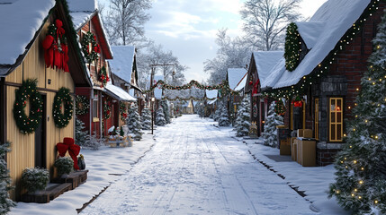 Fototapeta premium Snow-covered Christmas village street decorated with garlands and wreaths during winter