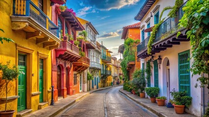 Vibrant Cartagena City Street with Historic Vintage Buildings in the Colorful Walled City of Colombia