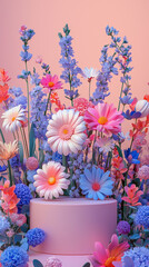 A vibrant 3D spring floral scene featuring podium surrounded by colorful flowers, including daisies and various blossoms, creating cheerful and lively atmosphere