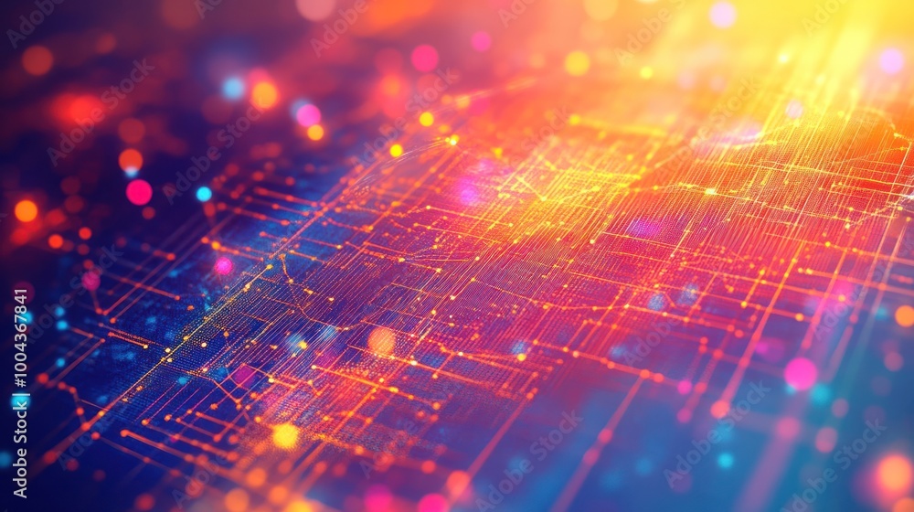 Poster abstract digital design with vibrant colors and intricate patterns representing technology.