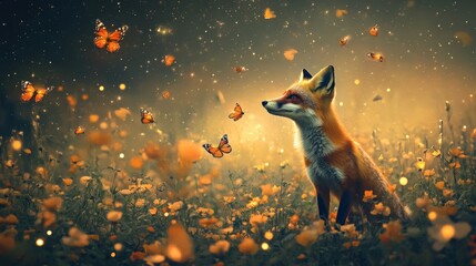 In a lush field filled with blooming flowers, a curious fox playfully pursues a flurry of vibrant butterflies, basking in the warm light of the setting sun