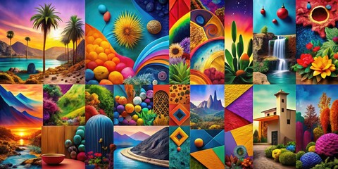 Fototapeta premium Vibrant Collage of Abstract Shapes, Textures, and Colors Creating a Dynamic Visual Composition