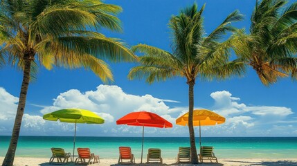 Naklejka premium Tropical Beach Paradise with Colorful Umbrellas