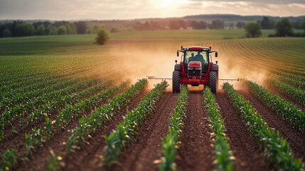 A tractor is captured spraying pesticides on a corn field during spring, highlighting agricultural activities at the beginning of the growing season