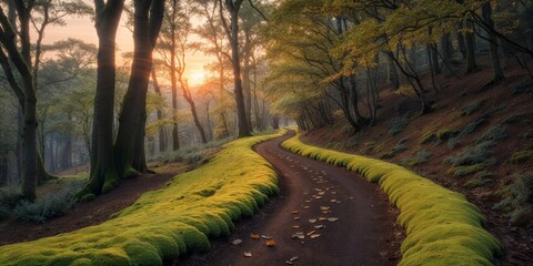 Panorama of a path through a forest in the light of the rising sun.