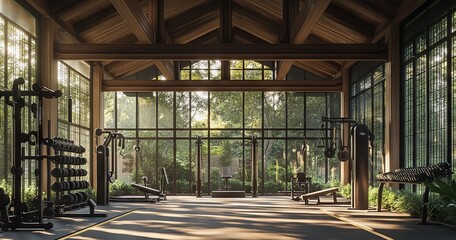 Elegant Gym Interior with Panoramic Windows and Modern Design, AI generated illustration