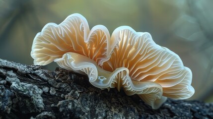 Fototapeta premium macro photograph of a vibrant orange mushroom with large gills, growing on a branch in the tropical rainforest, captured in stunning detail with soft natural lighting, highlighting its organic beauty