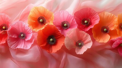 Fototapeta premium vibrant red orange and pink poppy flowers delicately arranged atop soft pink watercolor fabric creating a harmonious blend of natural beauty and artistic flair