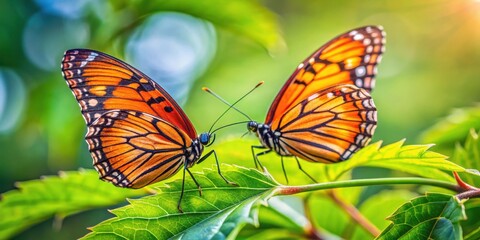 Butterflies mating on poison ivy leaf in midsummer nature macro close up scene