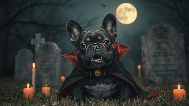 Animated image for Halloween. A young black French bulldog is dressed up as a vampire. Dog sits in a cemetery under a full moon and candlelight. A lightning bolt hits the ground.