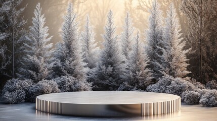 Sleek podium in winter forest with frosted trees and silver accents for product display
