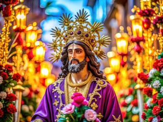 Fototapeta premium Vibrant Holy Week Celebrations with Colorful Decorations and Symbolic Religious Imagery in Various Settings