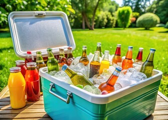 Vibrant Ice Chest Filled with Fresh Ice and Beverages Ready for an Outdoor Summer Gathering