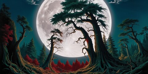 horror forest at night with full moon in the sky.