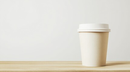 Mockup of A white coffee cup sits on a wooden table. The cup is empty and has a lid on top. The table is made of wood and is clean. Concept of calm and simplicity