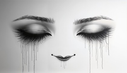 Obraz premium Minimalistic art background featuring thin lines of half-closed eyes and a slight smile in black and white