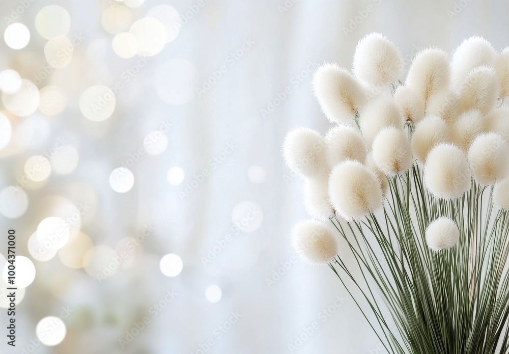 Wall mural white fluffy floral arrangement with soft bokeh background in a bright setting