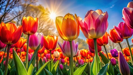Vibrant tulips under bright sunlight casting dramatic shadows in artistic photography
