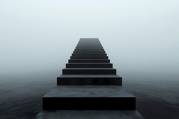 Obraz premium A dramatic depiction of an endless black staircase disappearing into the fog, evoking feelings of mystery and the unknown, rendered in a minimalist style.