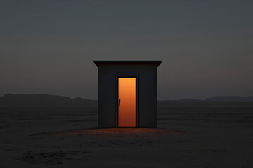 A solitary illuminated door stands in the midst of a barren desert landscape, evoking feelings of curiosity, mystery, and the possibility of a hidden realm.