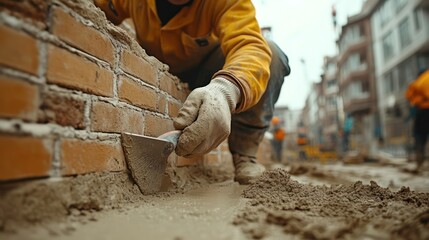 Male construction worker laying bricks at construction site. Generative AI
