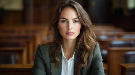 Fototapeta premium Beautiful female lawyer sitting in the courtroom with a confident attitude and firm personality. Generative AI