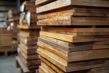 Obraz premium Large stacks of rectangular wooden planks neatly arranged in a factorys storage area