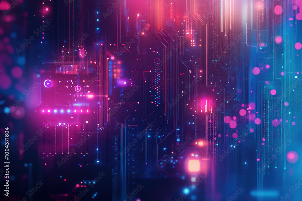 Poster vibrant abstraction of digital technology illuminated by colorful lights and intricate circuit patte