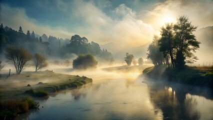 Misty river landscape at sunrise with soft light illuminating trees and hills in the background