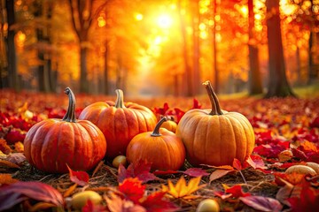 Naklejka premium Vibrant Pumpkins on Red Leaves in Autumn Forest with a Beautiful Defocused Sunset Background