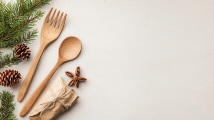 Wooden kitchen utensils with pinecones and festive decorations, perfect for holiday cooking.