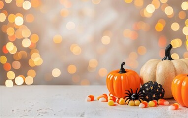 Festive Halloween Decorations With Pumpkins and Candy Corn on a Table