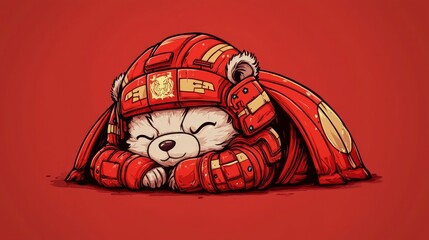 Cute Bear in Red Armor Sleeping