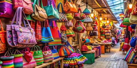 Vibrant Shopping Scene with Colorful Bags, Abundant Merchandise, and Lively Atmosphere in Urban Setting